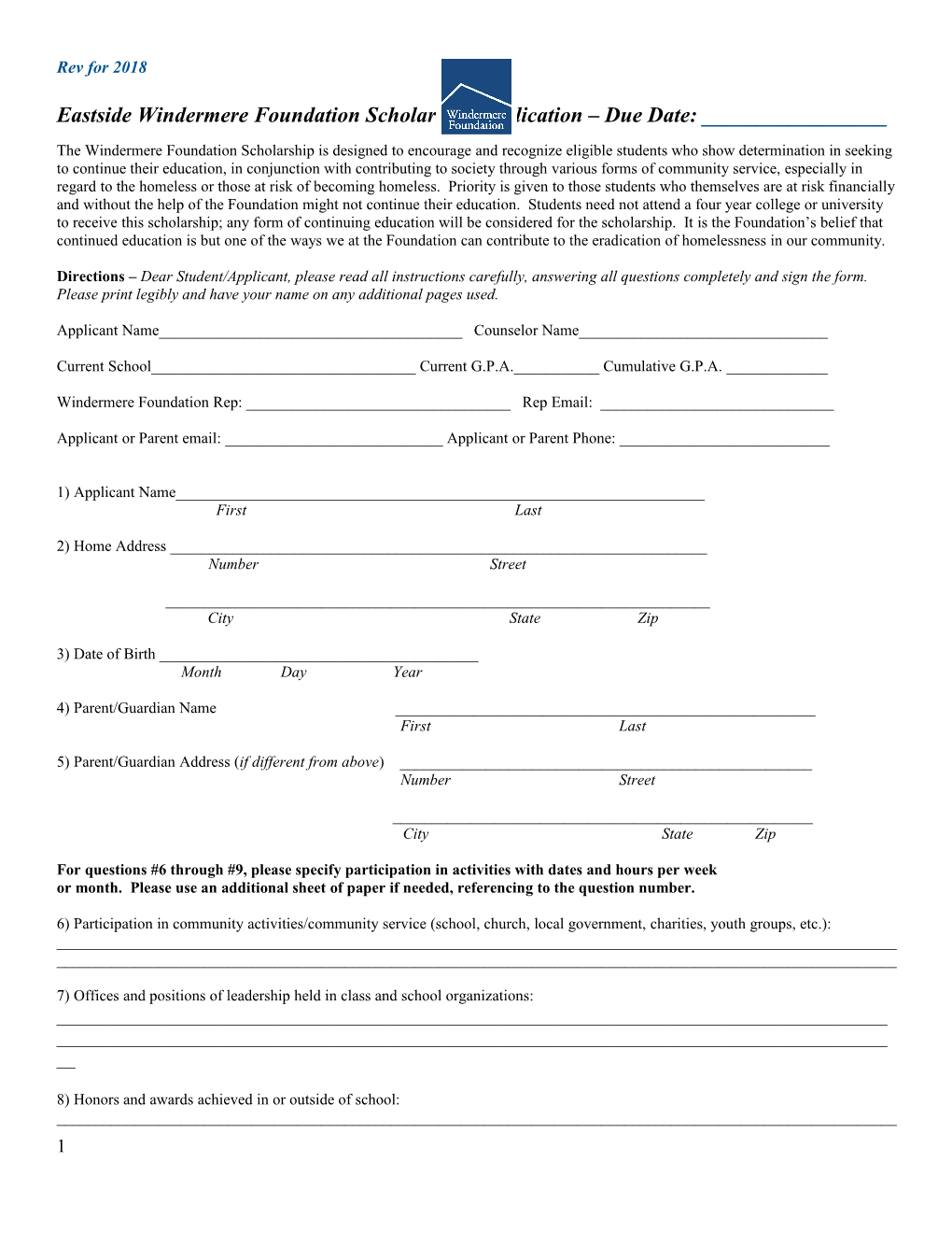 Windermere Foundation Scholarship Application