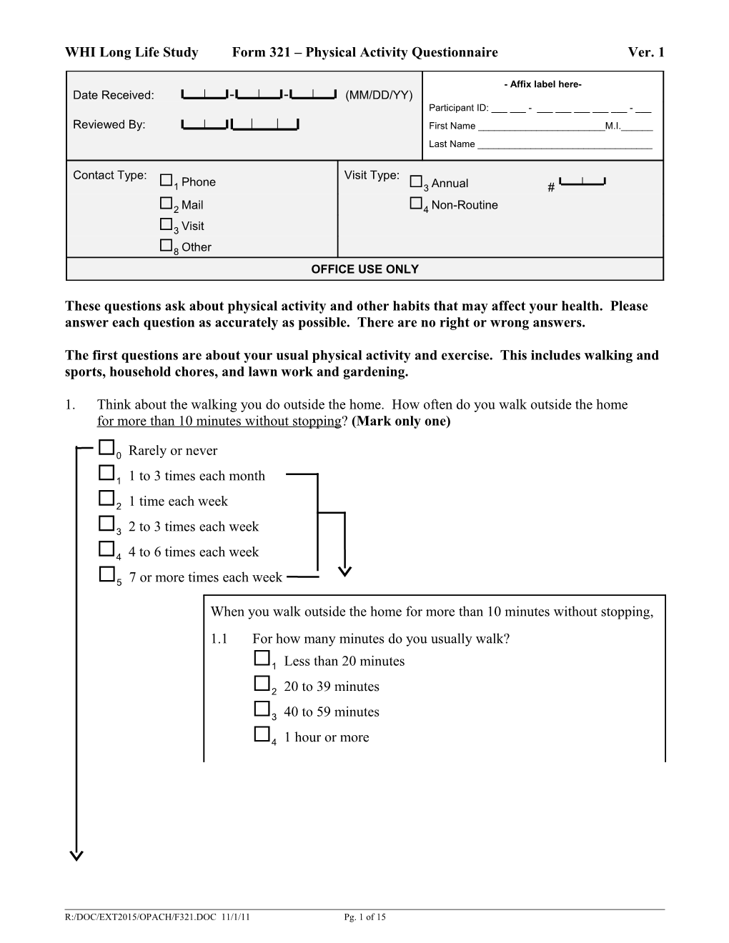 WHI Long Life Studyform 321 Physical Activity Questionnairever. 1