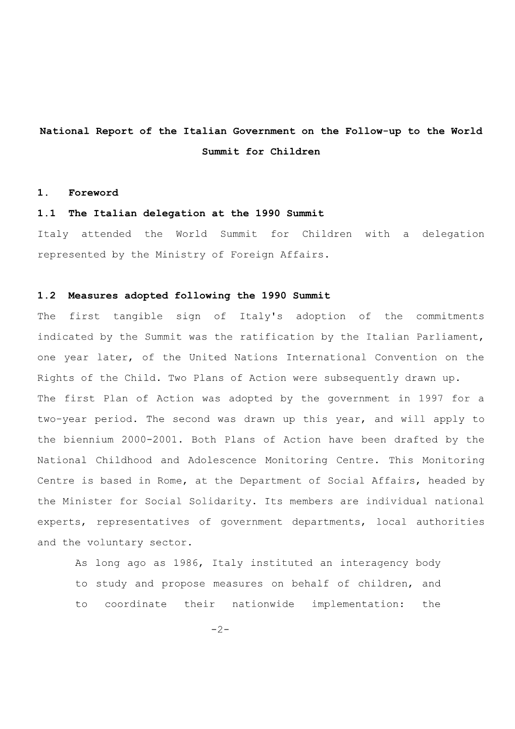 National Report of the Italian Government on the Follow-Up to the World Summit for Children
