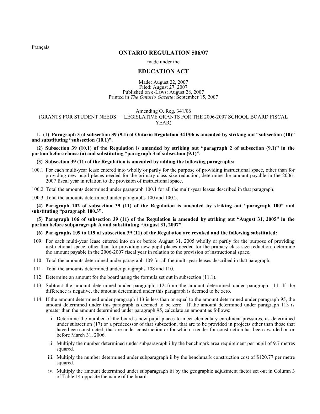 EDUCATION ACT - O. Reg. 506/07