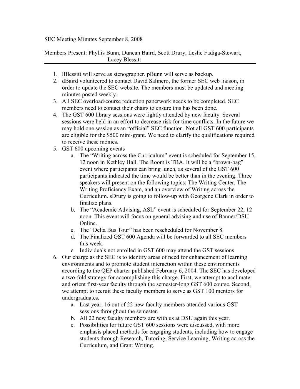 SEC Meeting Minutes September 8, 2008