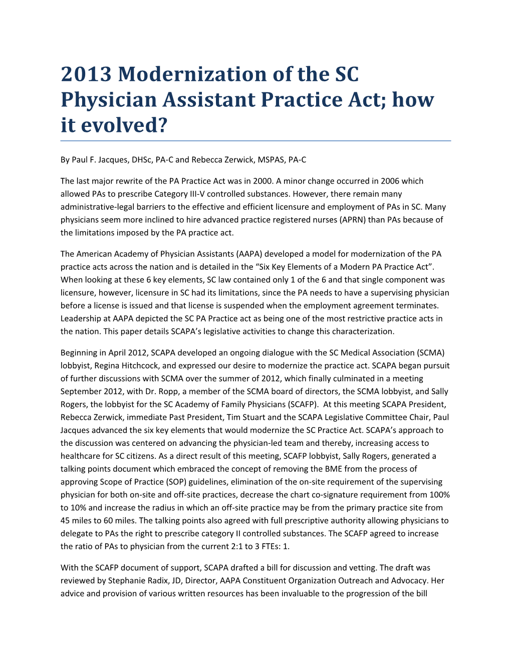 2013 Modernization of the SC Physician Assistant Practice Act; How It Evolved?