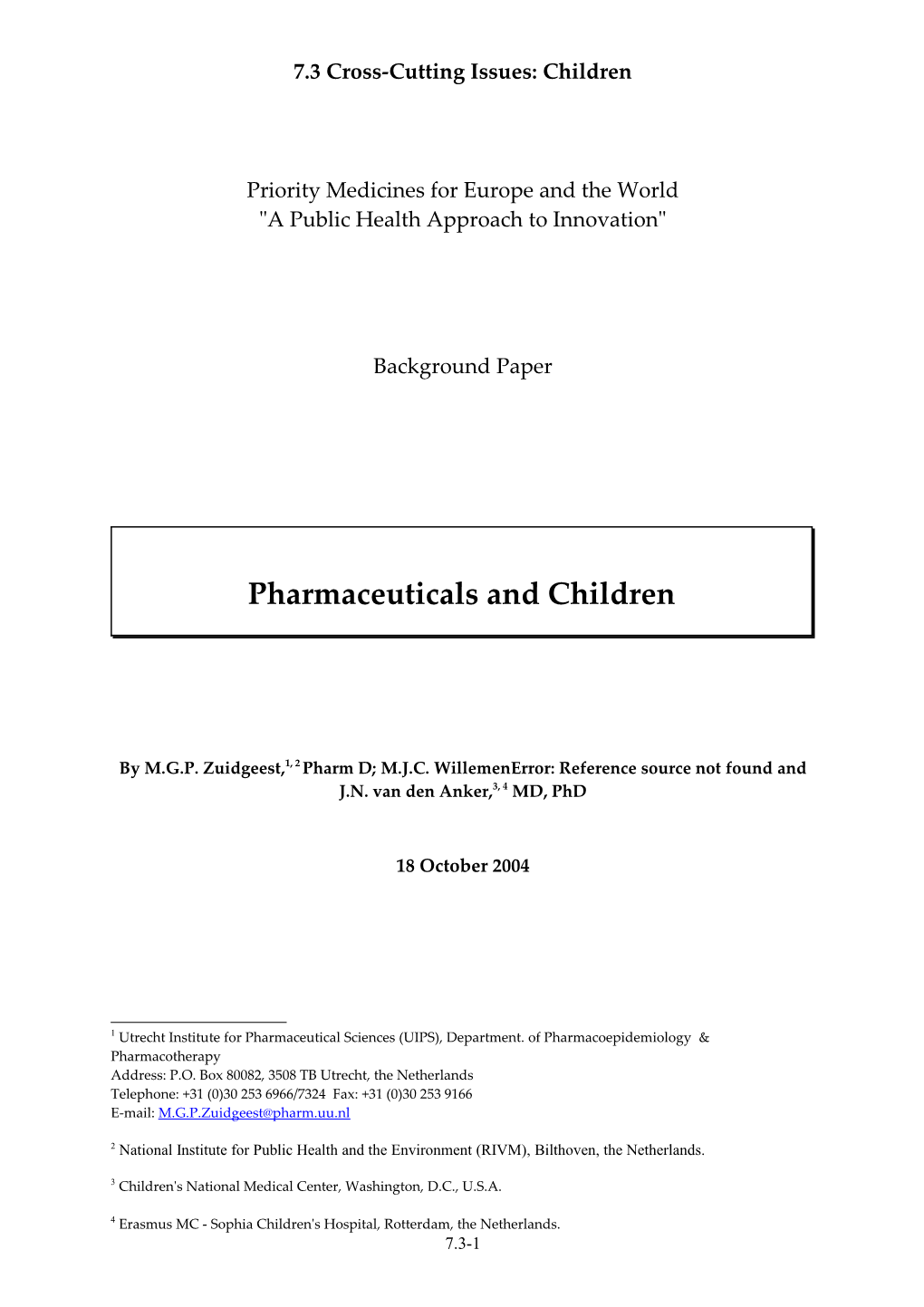 Cross-Cutting Issues: the Paediatric Population