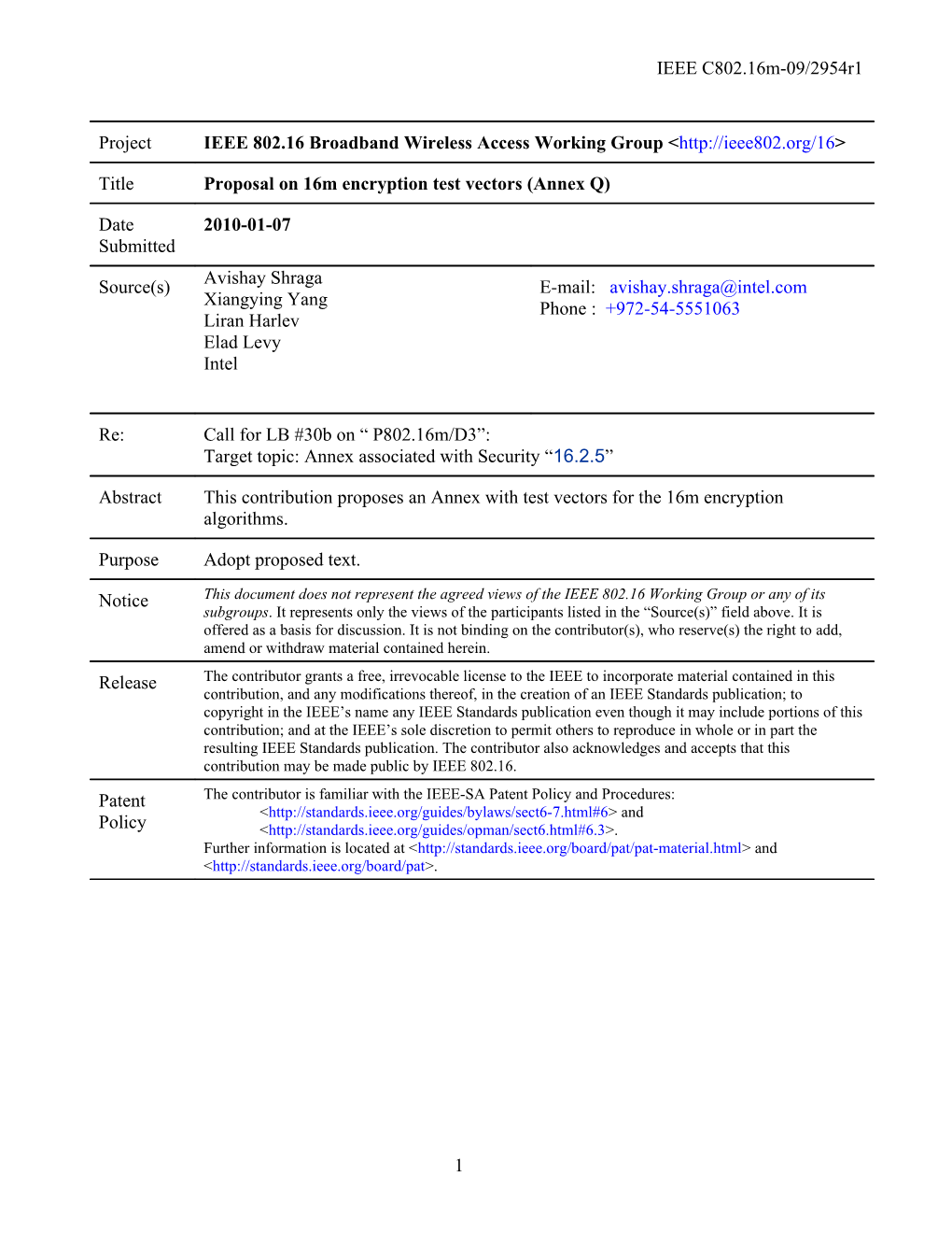 Proposal on 16M Encryption Test Vectors (Annex Q)