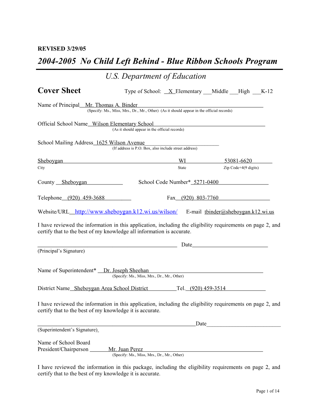 Wilson Elementary School Application: 2004-2005, No Child Left Behind - Blue Ribbon Schools