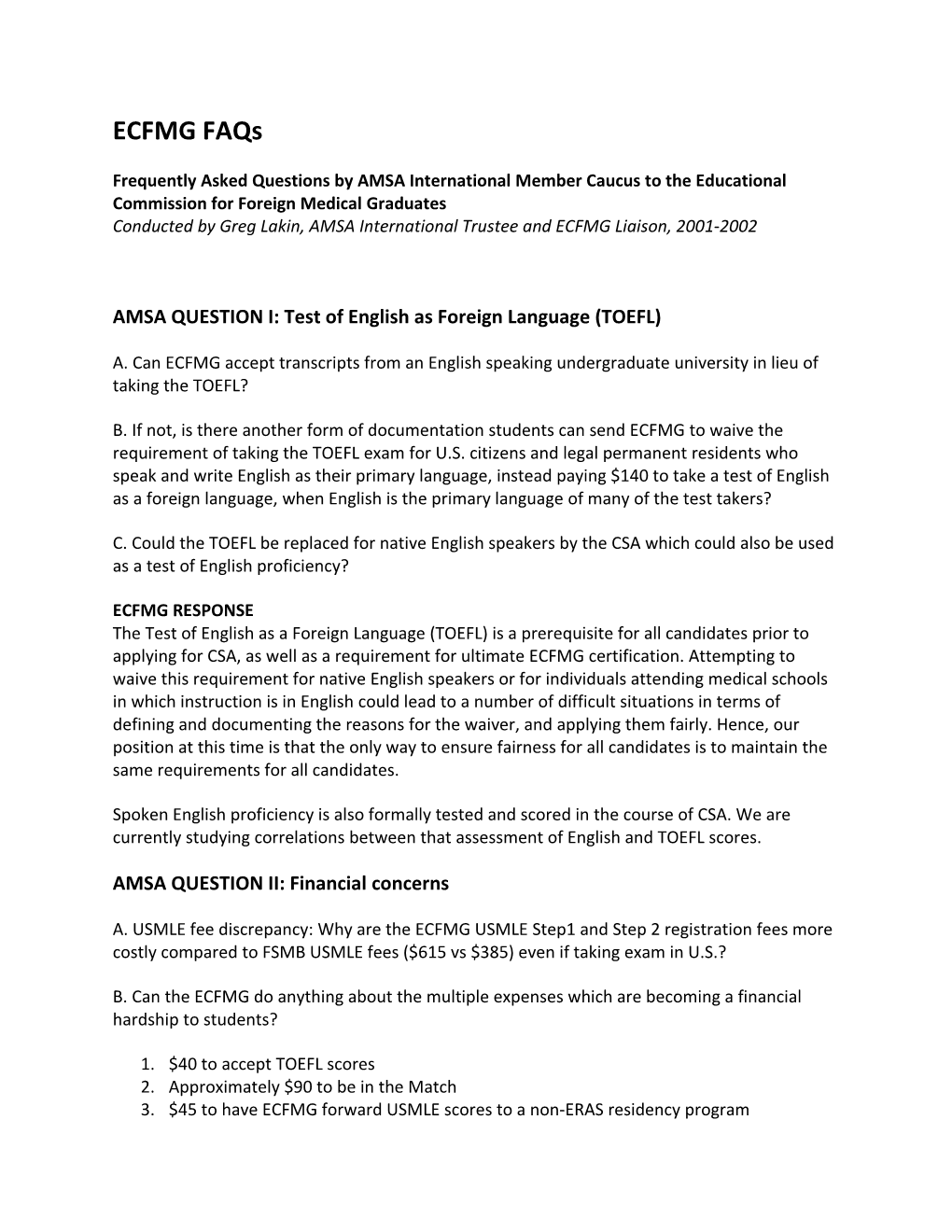 AMSA QUESTION I: Test of English As Foreign Language (TOEFL)