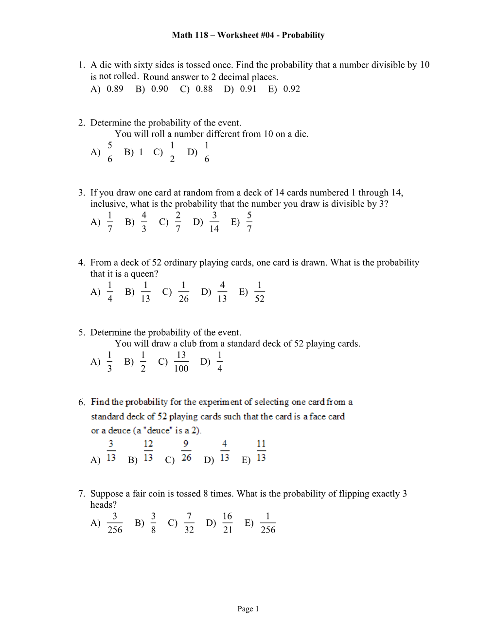 Math 118 Worksheet #04 - Probability