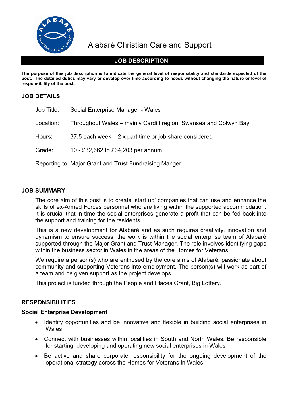 Job Title:Social Enterprise Manager - Wales
