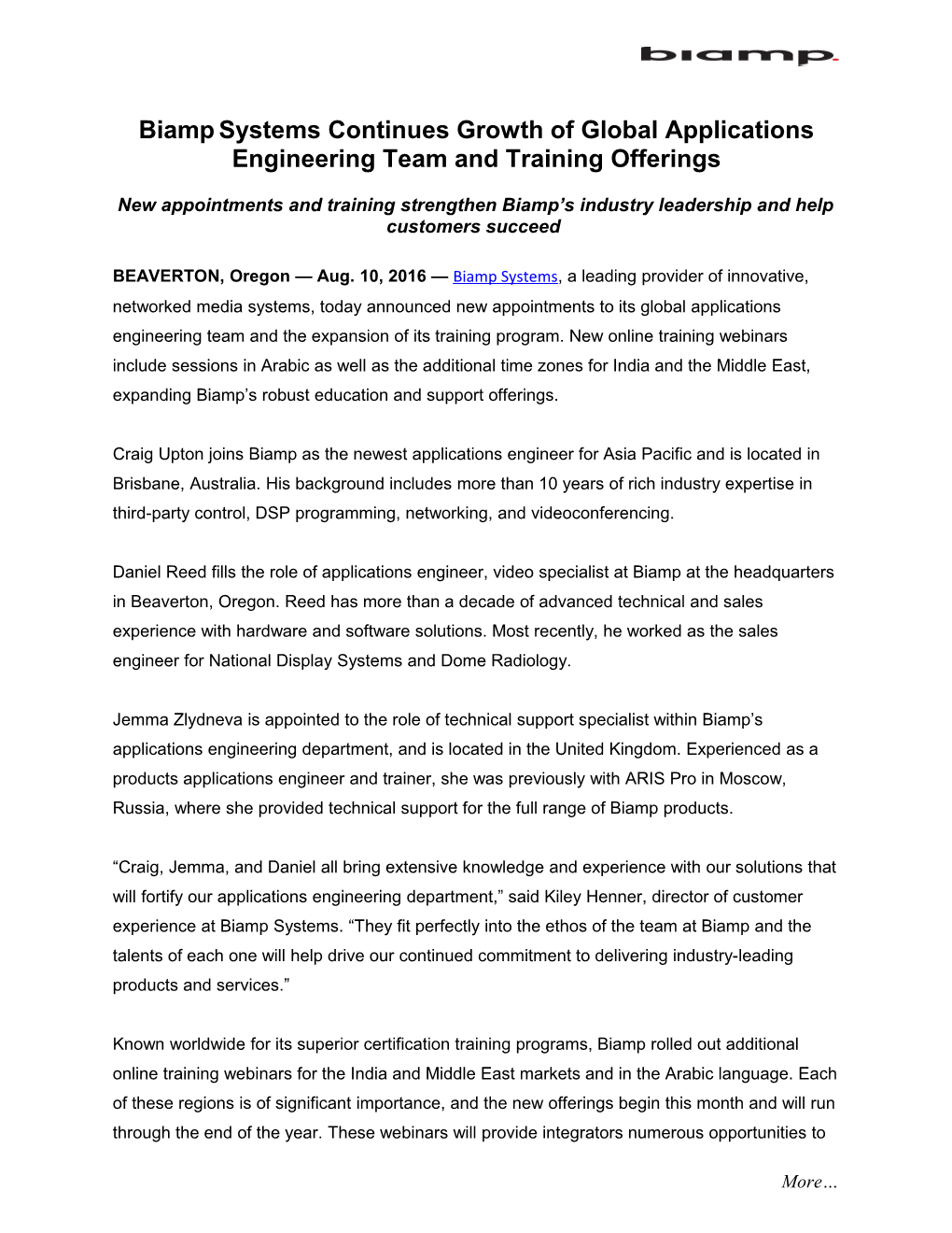 Biamp Systems Continues Growth of Global Applications Engineering Team and Training Offerings