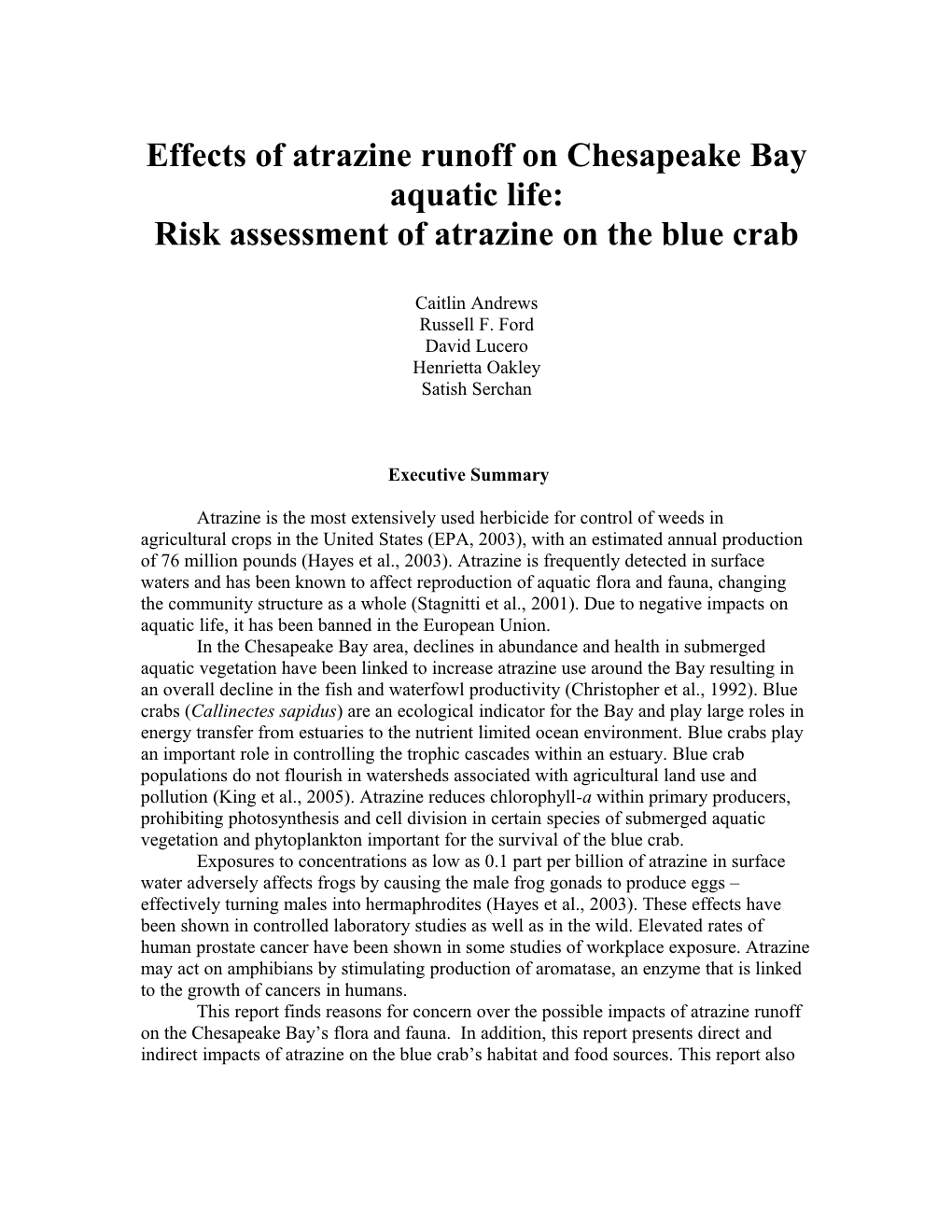 Effects of Atrazine Runoff on Chesapeake Bay Aquatic Life