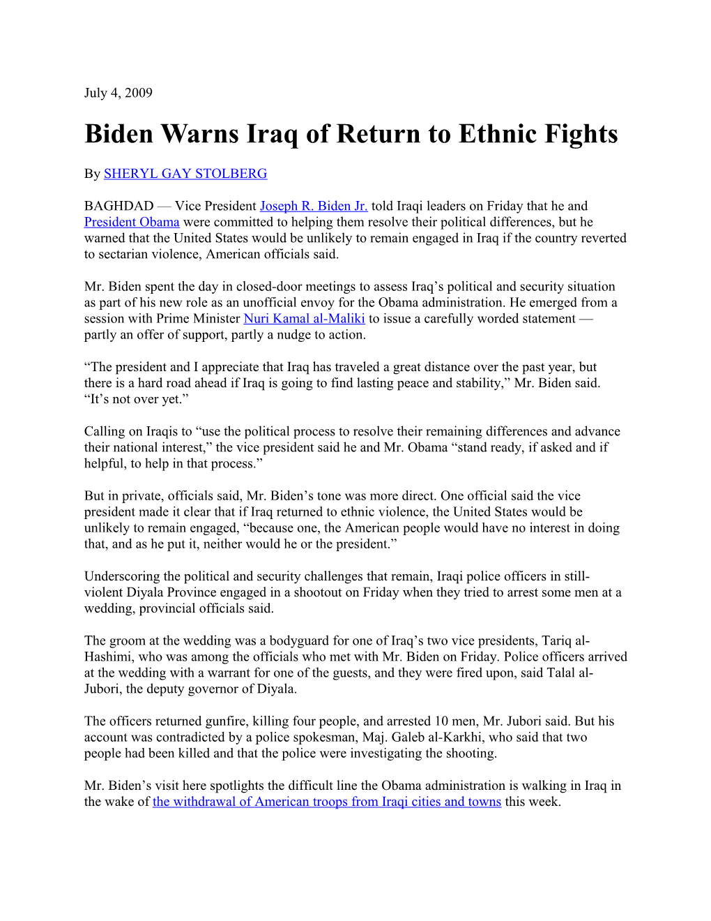 Biden Warns Iraq of Return to Ethnic Fights