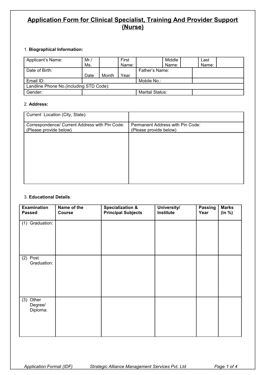 Application Form for Clinical Specialist, Training and Provider Support (Nurse)