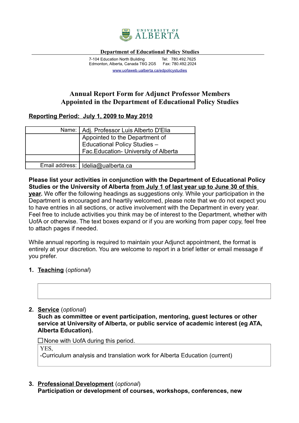 Annual Report Form for Adjunct Professor Members