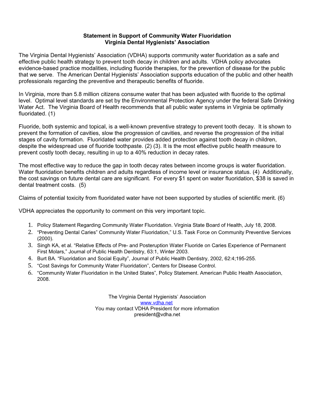 Statement in Support of Community Water Fluoridation
