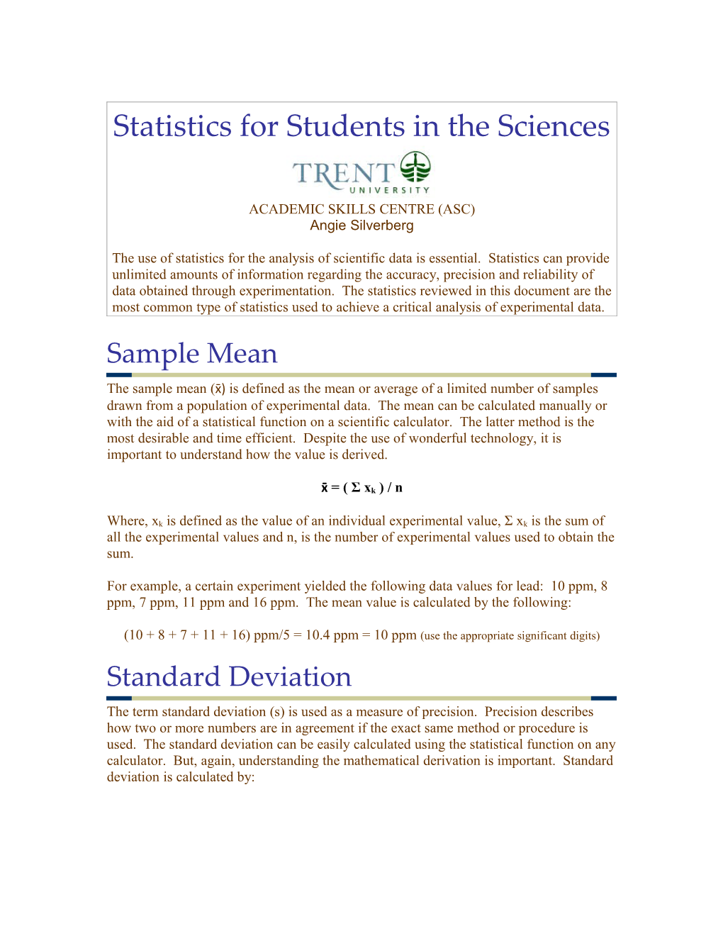 Statistics for Students in the Sciences