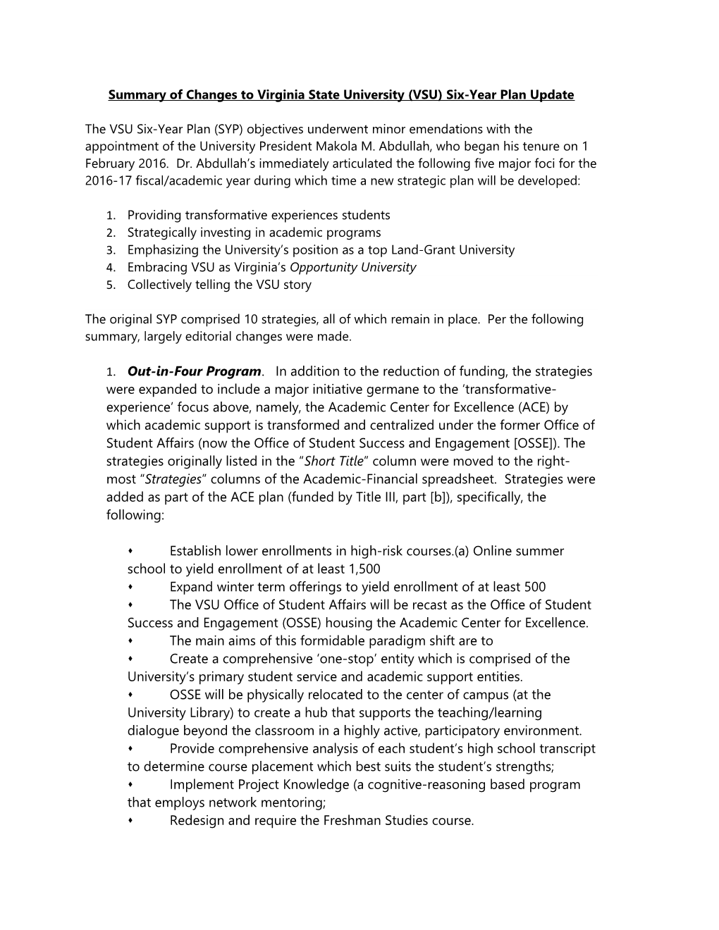 Summary of Changes to Virginia State University (VSU) Six-Year Plan Update