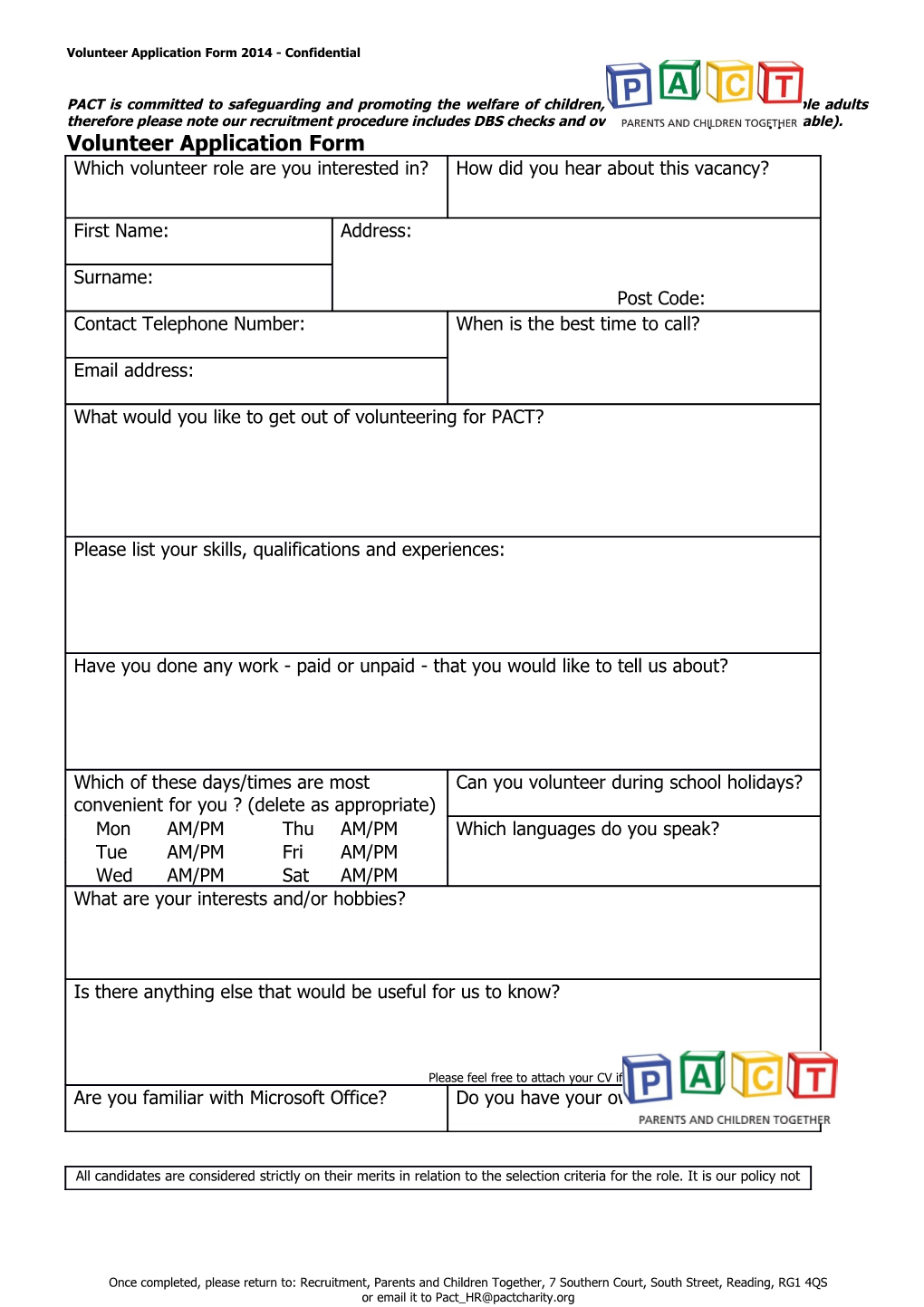 Volunteer Application Form 2014 - Confidential