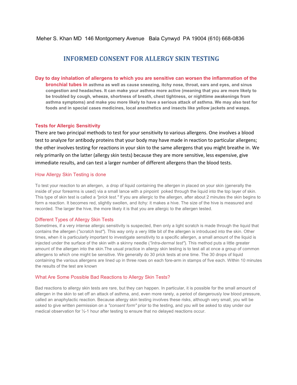 Informed Consent for Allergy Skin Testing