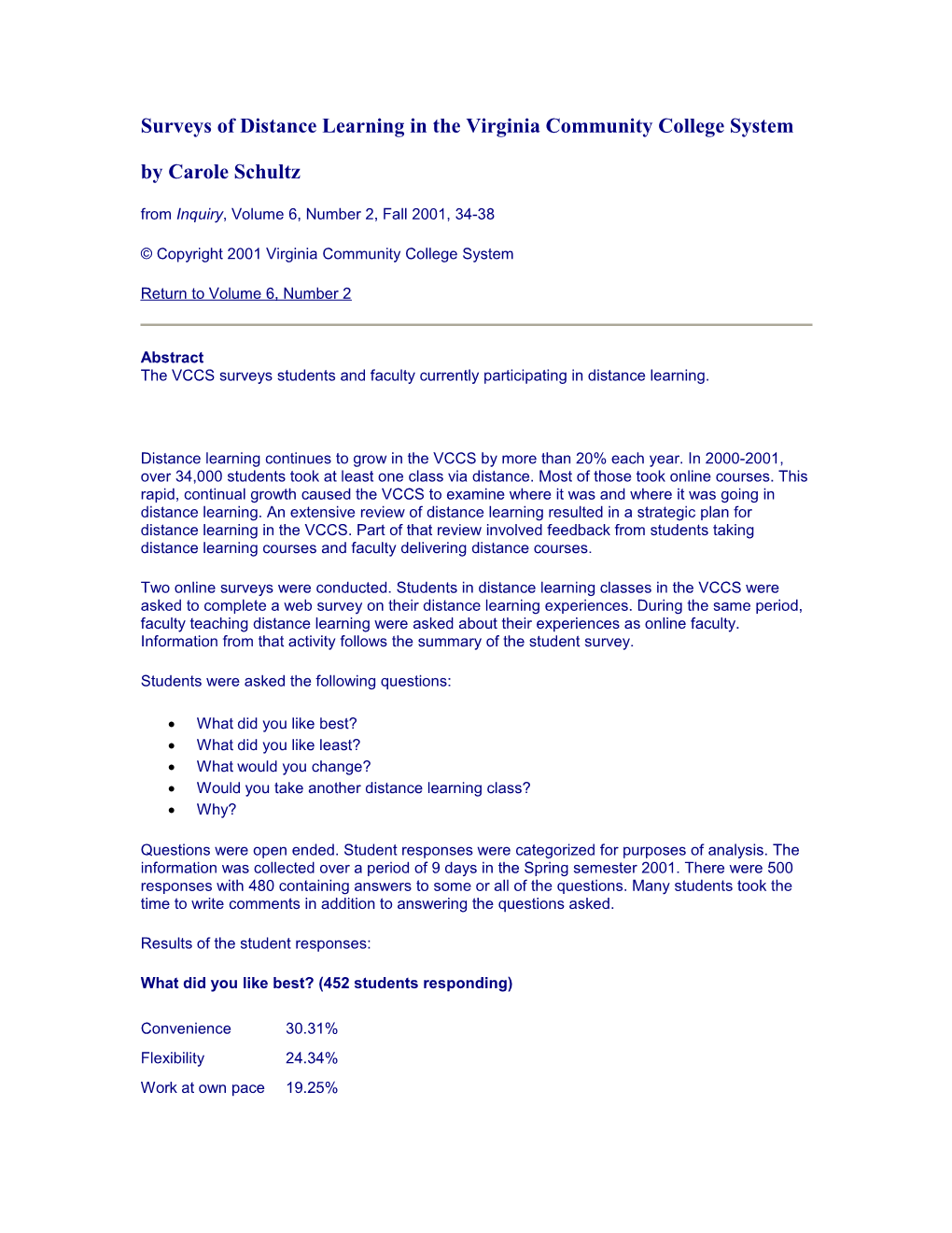 Surveys of Distance Learning in the Virginia Community College System