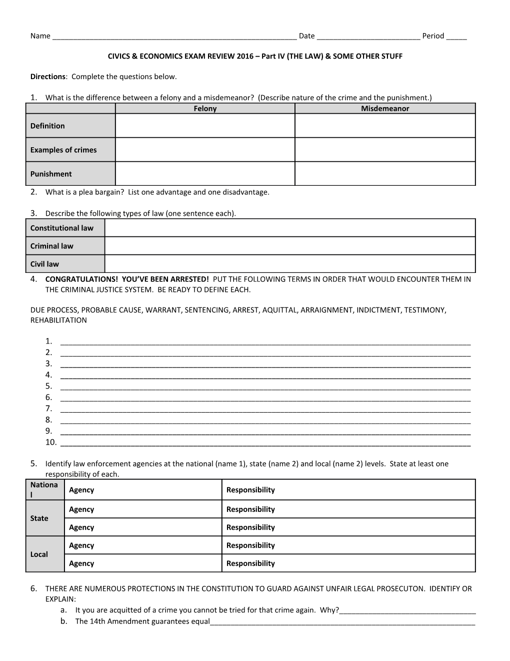 CIVICS & ECONOMICS EXAM REVIEW 2016 Part IV (THE LAW) & SOME OTHER STUFF