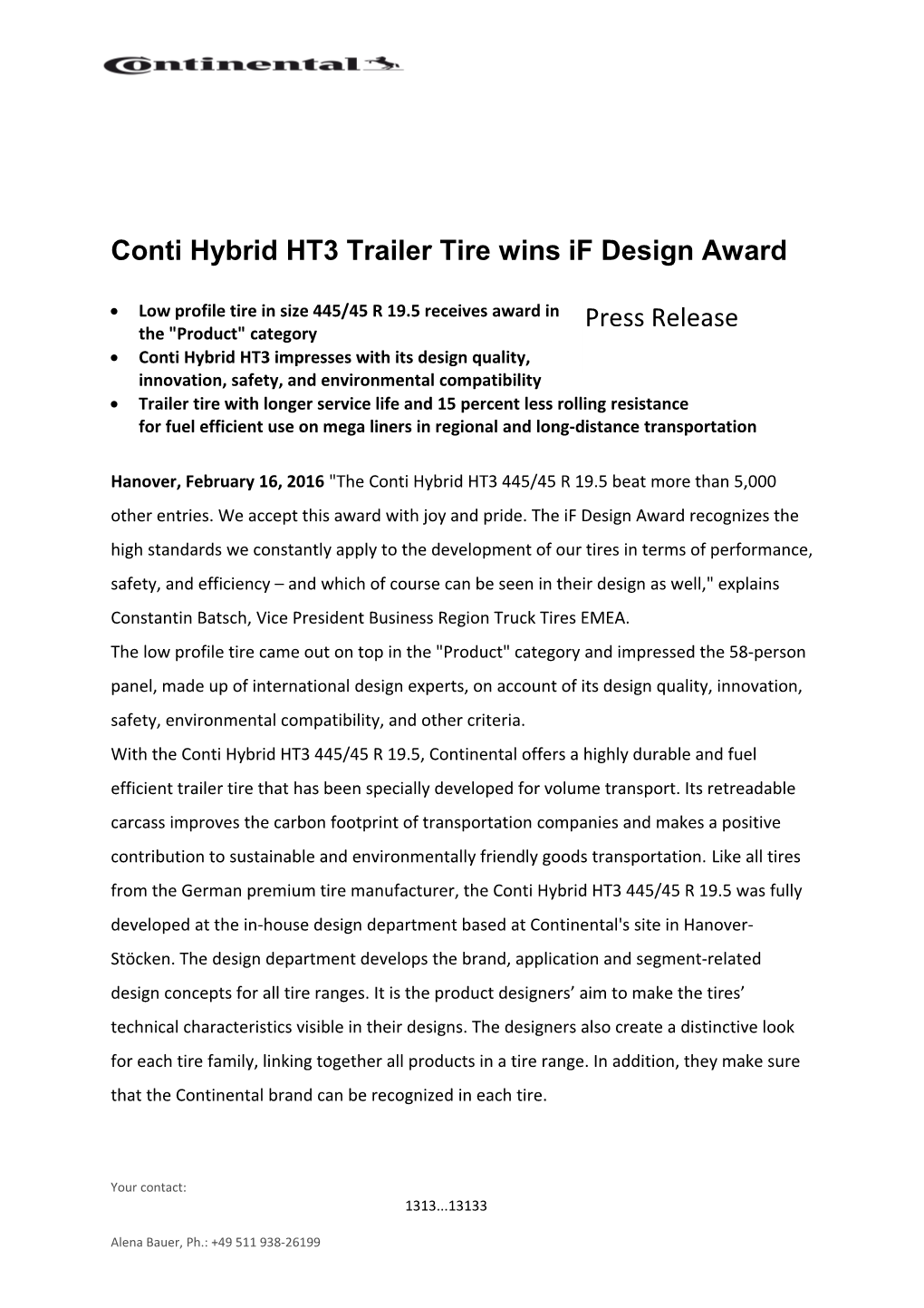Conti Hybrid HT3 Trailer Tire Wins If Design Award