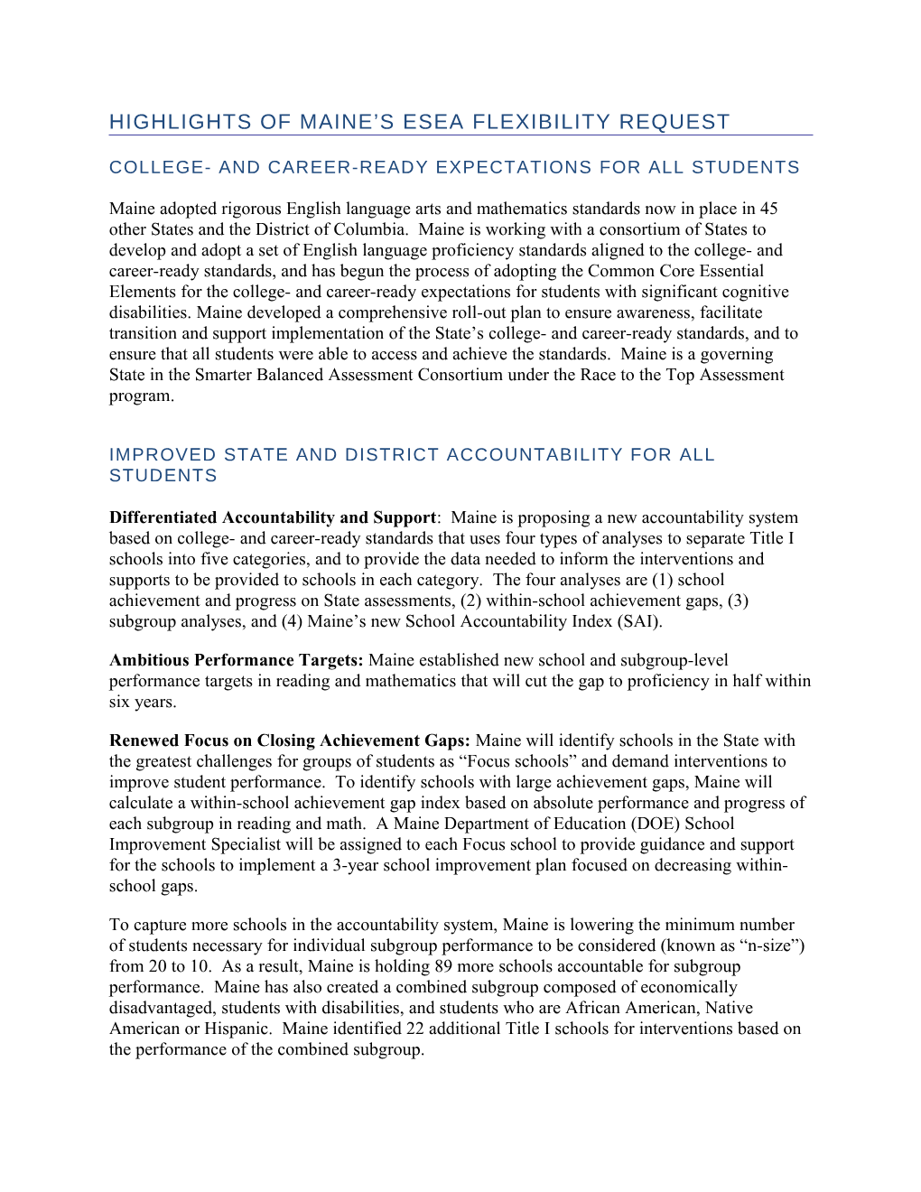 Maine ESEA Flexibility Highlights 8-12-2013 (WORD)