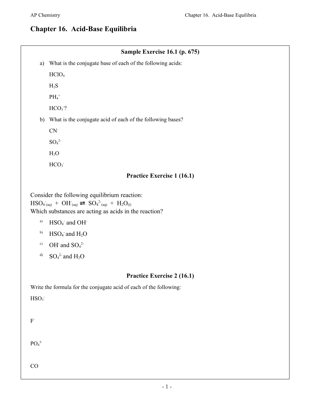 AP Chemistrychapter 16. Acid-Base Equilibria