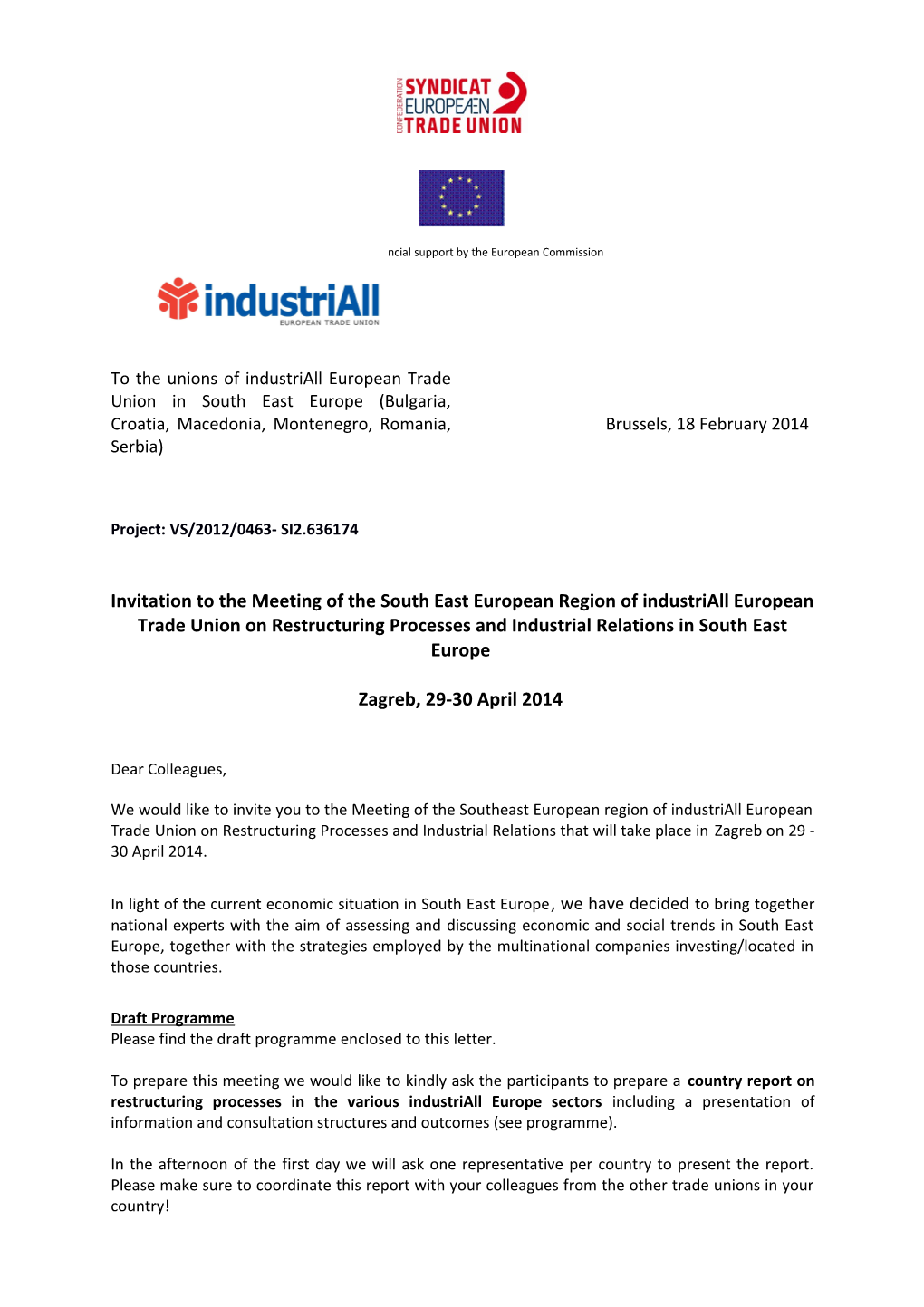 Invitation to the Meeting of the South East European Region of Industriall European Trade