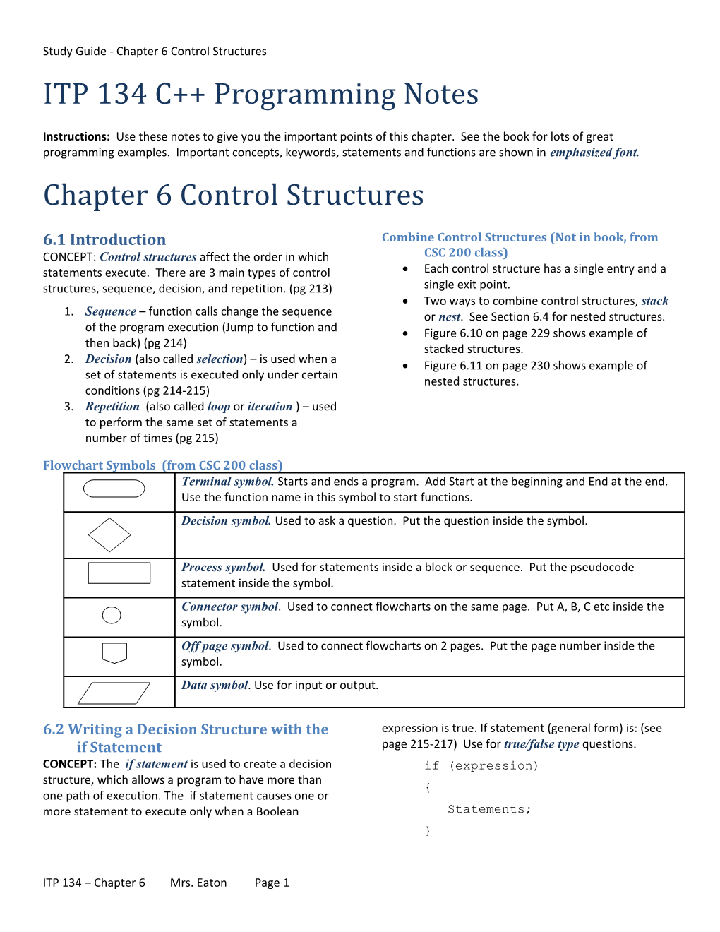 Study Guide - Chapter 6 Control Structures