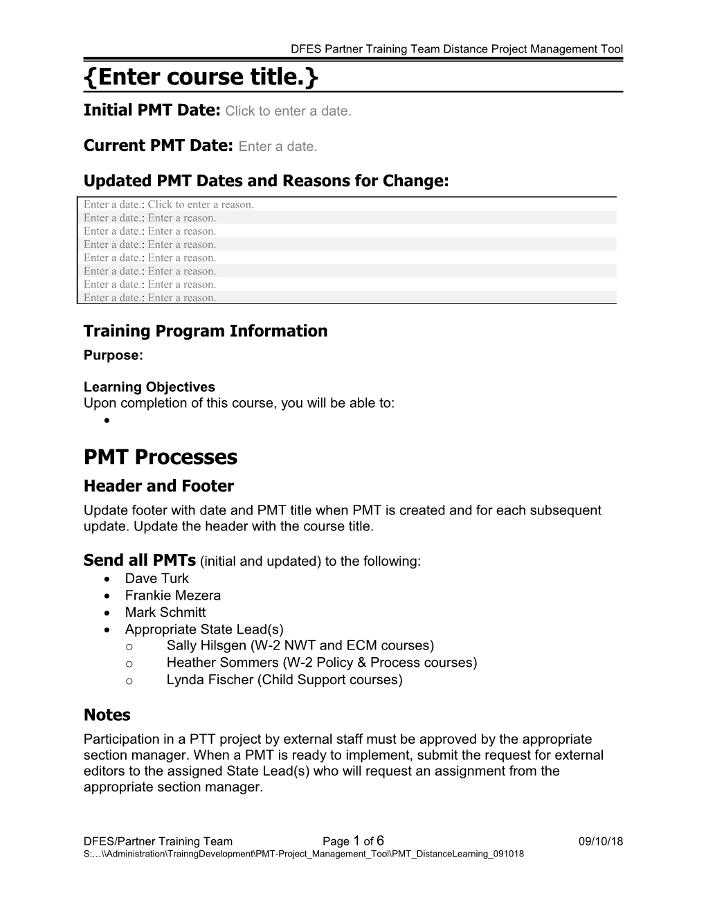 DFES Partner Training Team Distance Project Management Tool