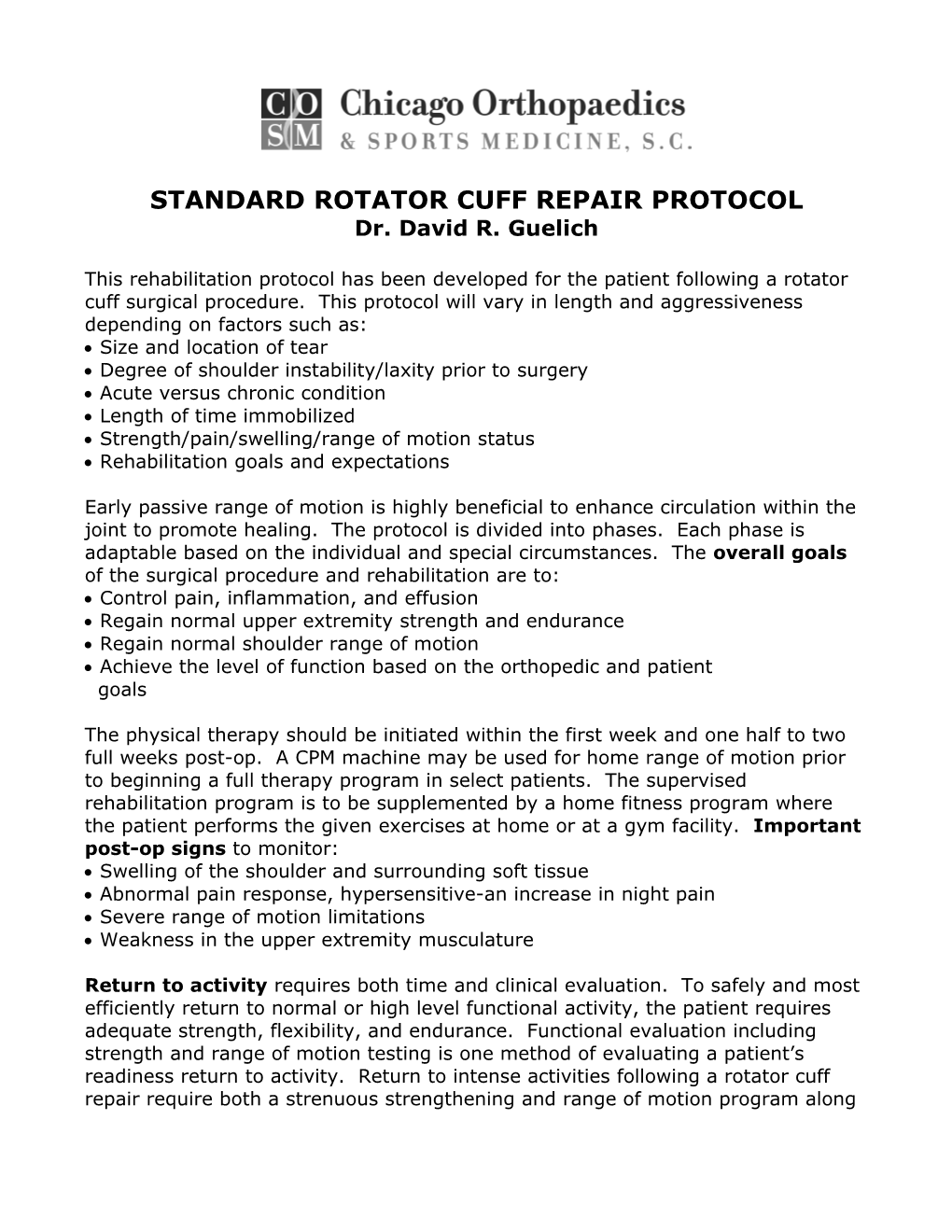 Rotator Cuff Repair Protocol