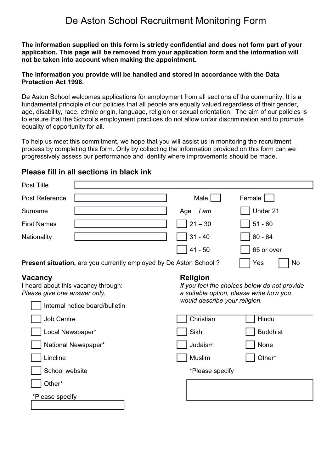 De Aston School Recruitment Monitoring Form