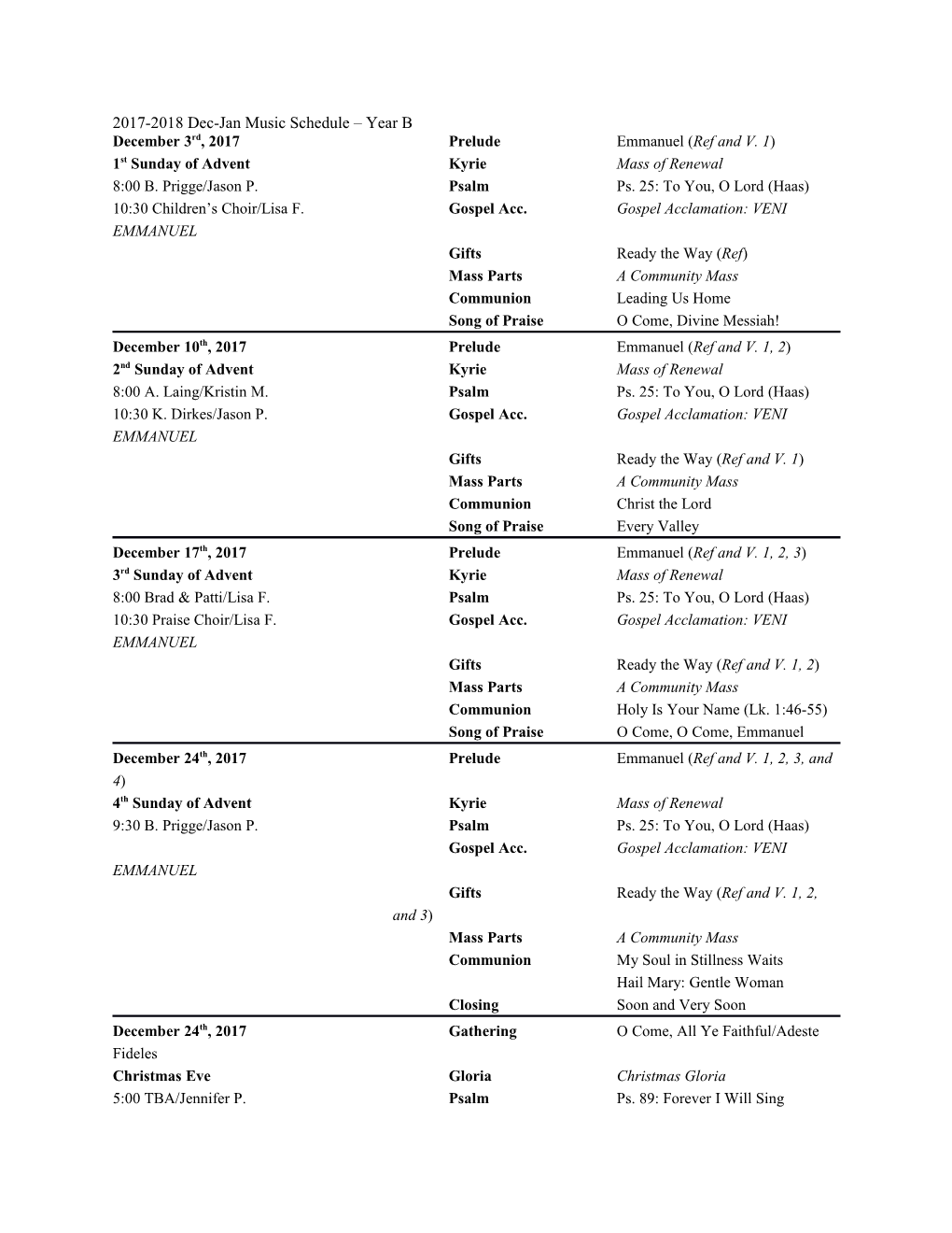 2017-2018 Dec-Jan Music Schedule Year B