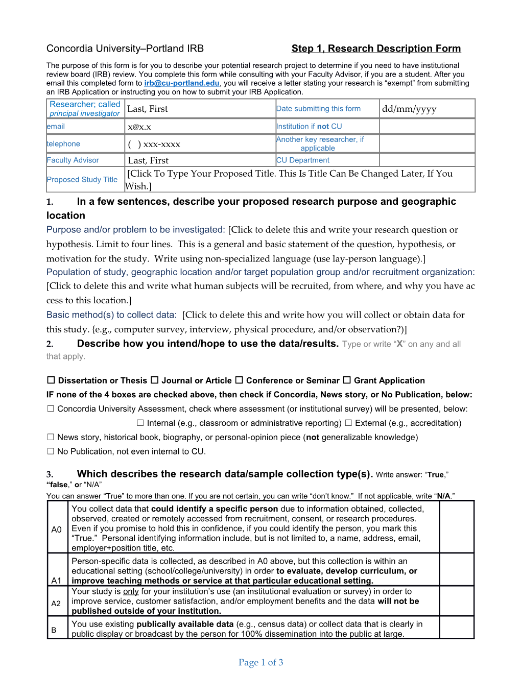 Concordia University Portland IRB Step 1, Research Description Form