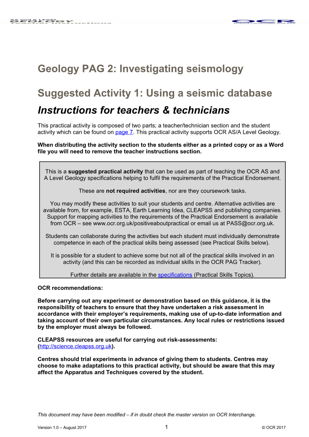 PAG Activity 2.01 AS and a Level Geology