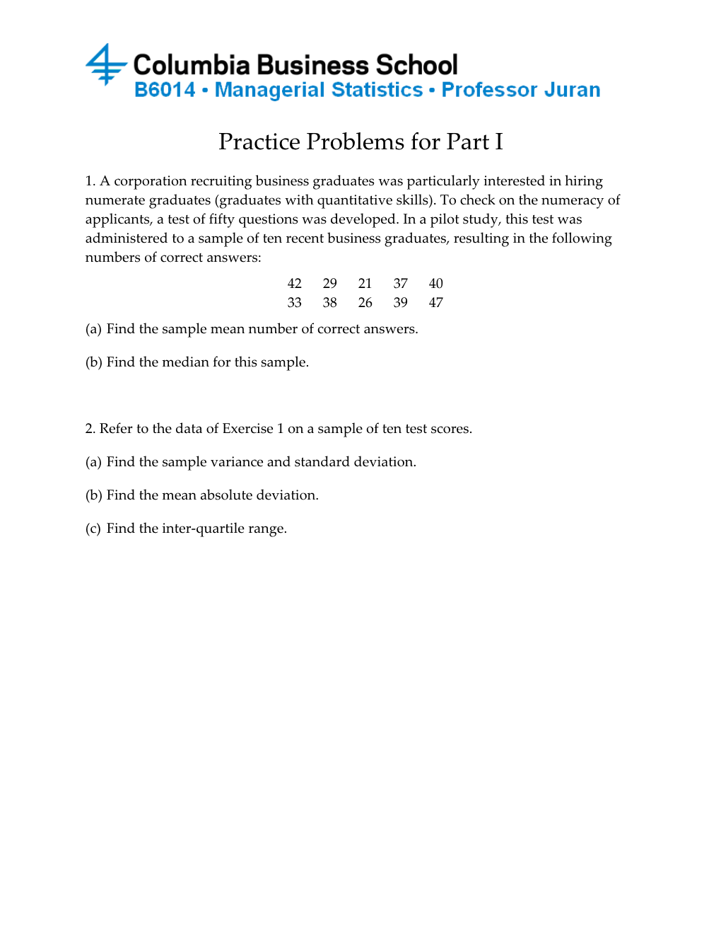 Practice Problems for Part I