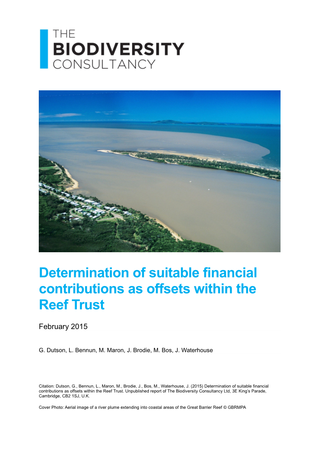 Determination of Suitable Financial Contributions As Offsets Within the Reef Trust