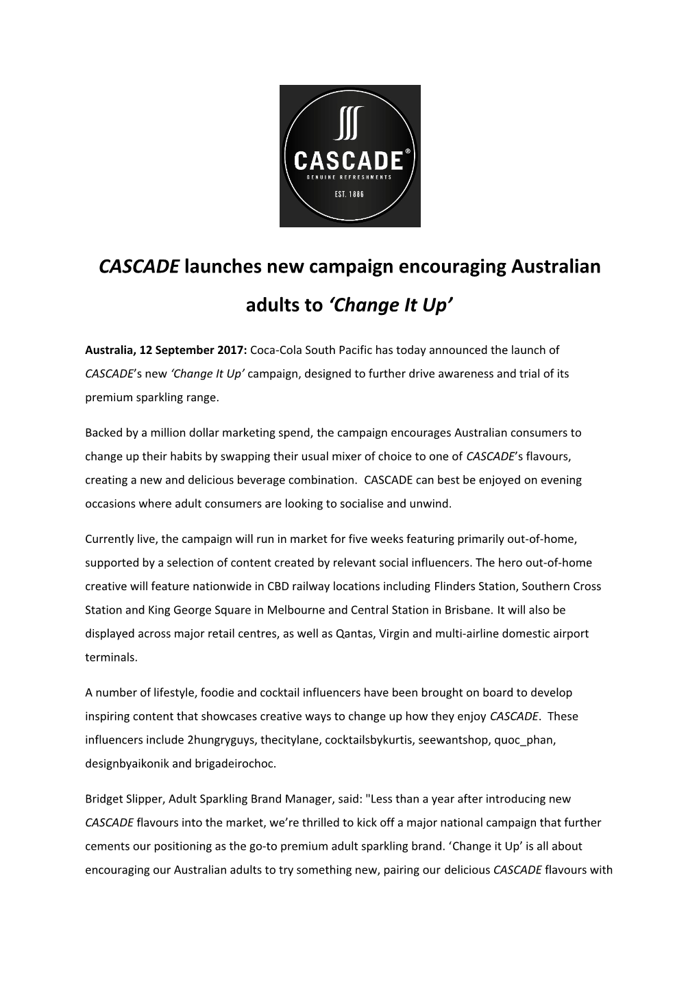 CASCADE Launches New Campaign Encouraging Australian Adults to Change It Up