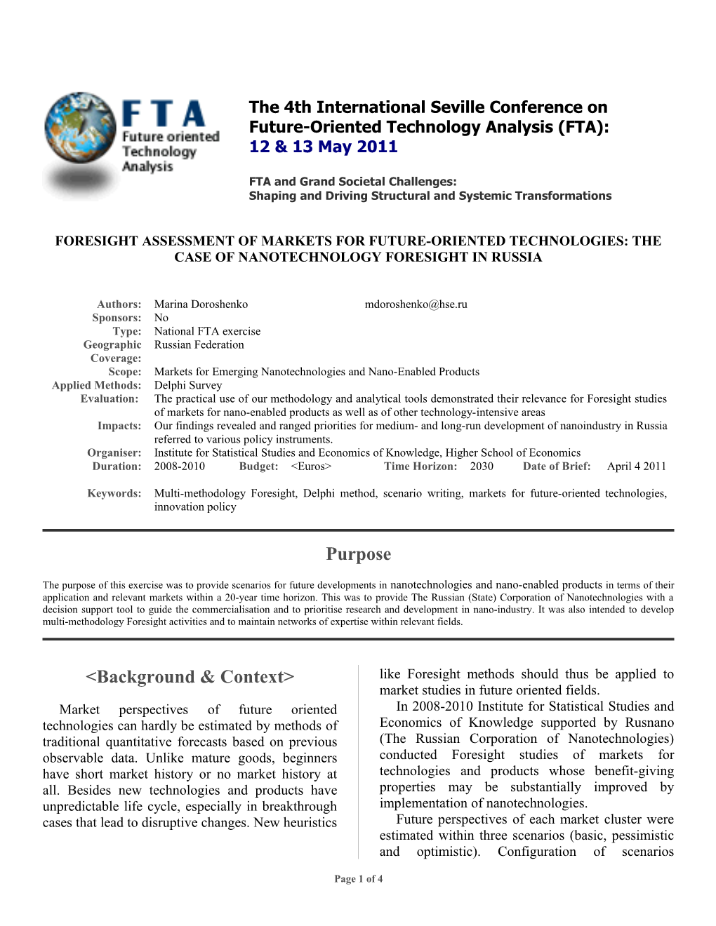 Foresight Assessment of Markets for Future-Oriented Technologies: the Case of Nanotechnology