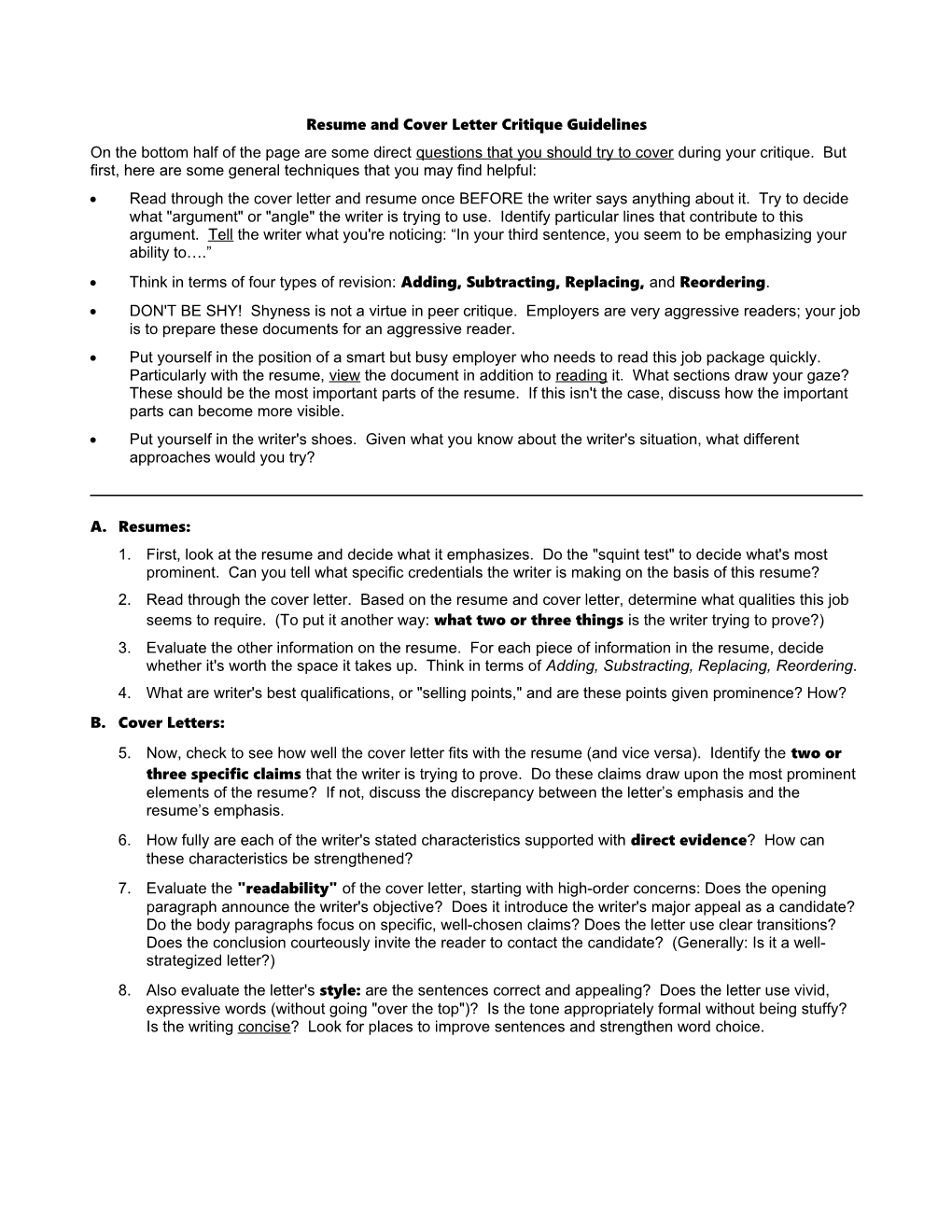 Resume and Cover Letter Critique Guidelines
