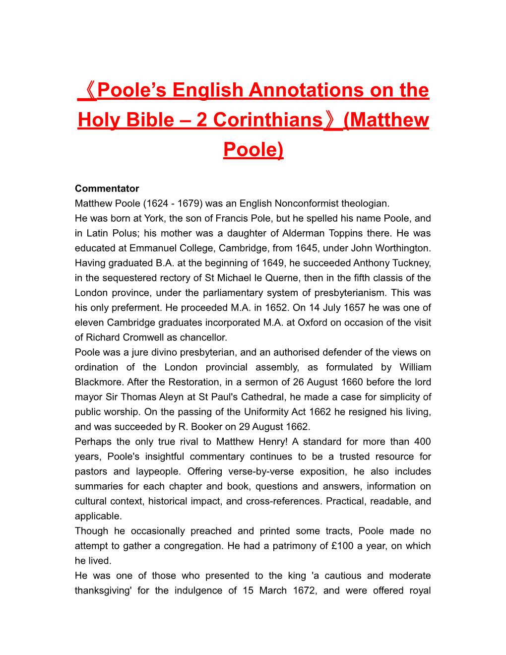 Poole S English Annotations on the Holy Bible 2 Corinthians (Matthew Poole)