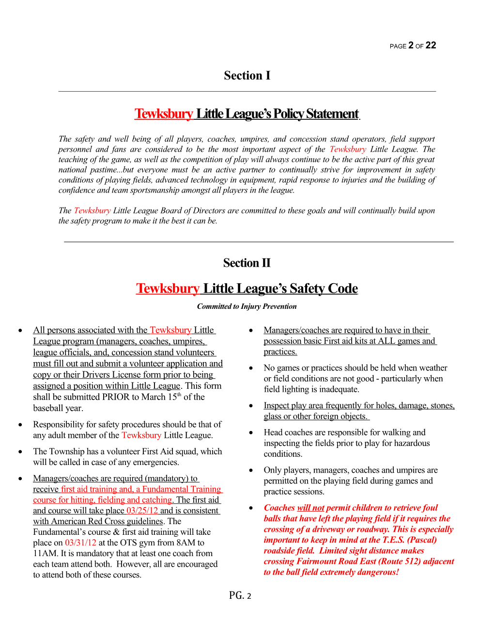 Tewksbury Little League S Policy Statement
