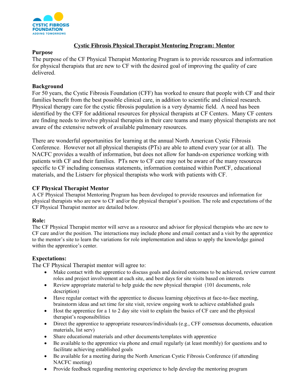 Cystic Fibrosis Nutrition Mentoring Program