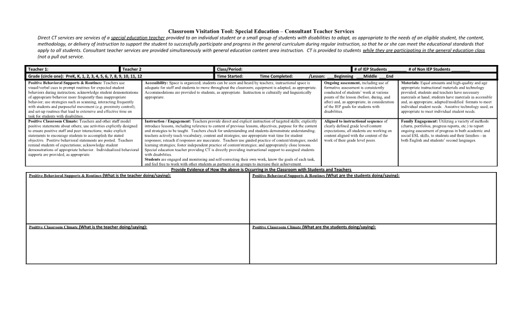 Classroom Visitation Tool: Special Education Consultant Teacher Services