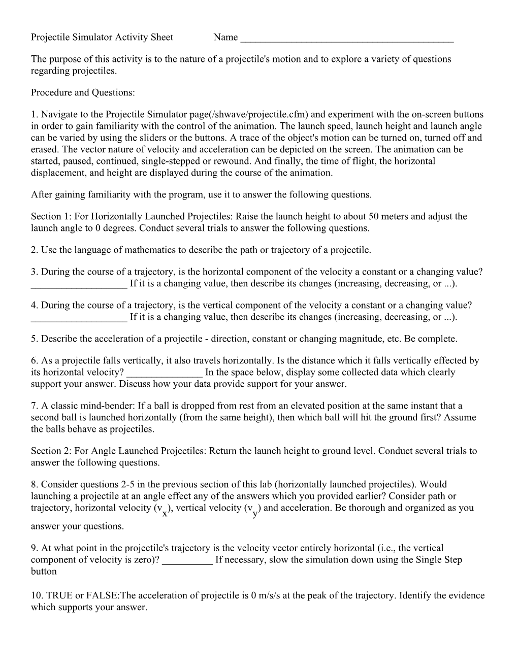 Projectile Simulator Activity Sheet Name ______