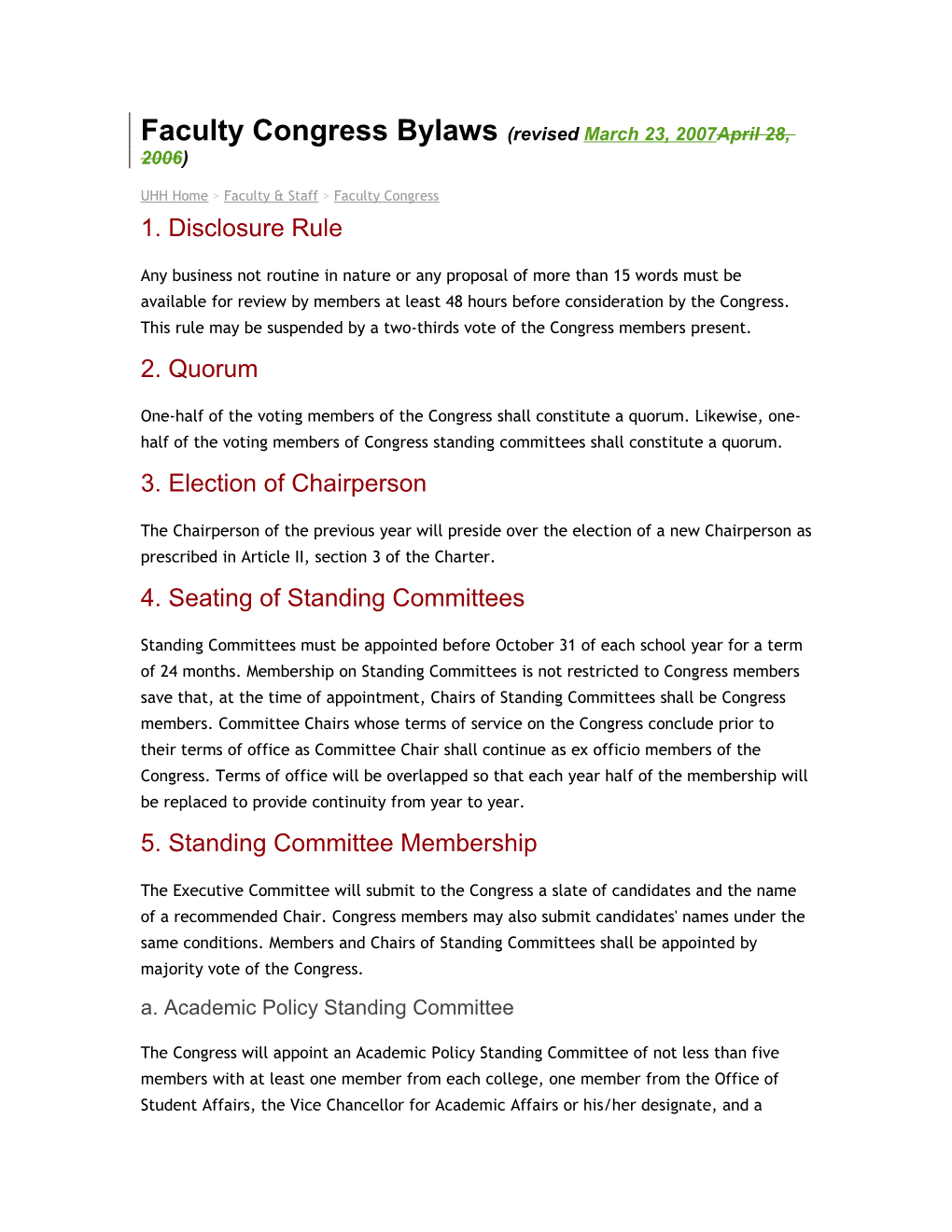 Faculty Congress Bylaws (Revised April 28, 2006)