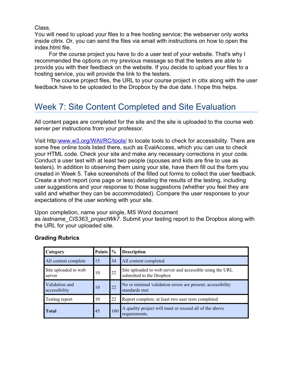 Week 7: Site Content Completed and Site Evaluation