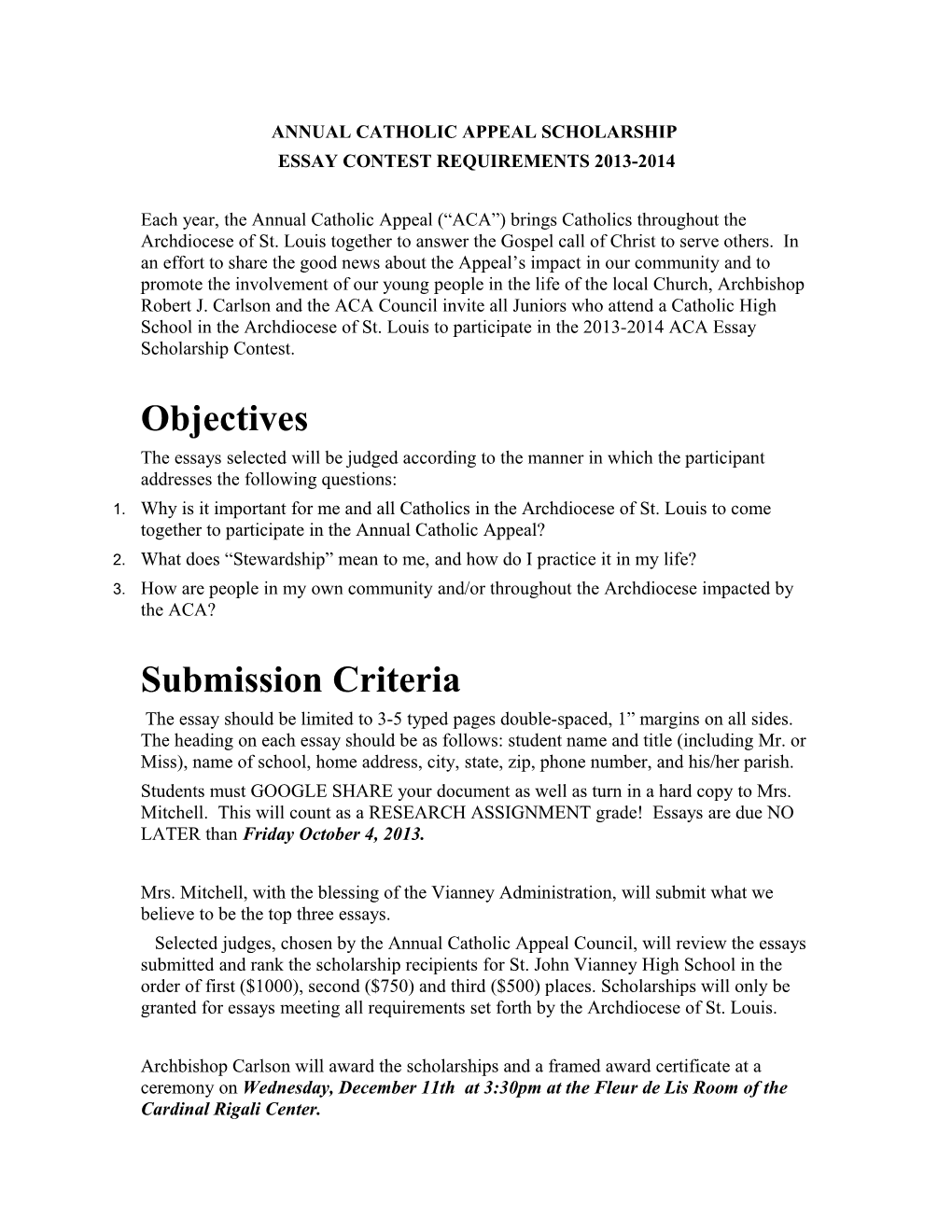 ACA Essay Requirements 2013