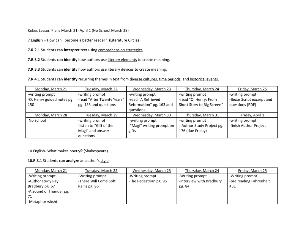 Kokes Lesson Plans March 21- April 1 (No School March 28)