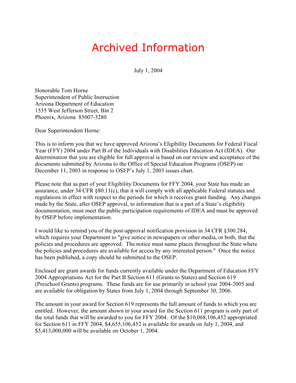 Archived: 2004 Arizona Individuals with Disabilities Act (IDEA) Part B Grant Award Letter